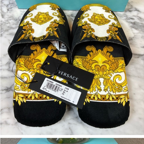 Versace Shoes - NWT Versace Black and Gold Unisex Slippers Size M